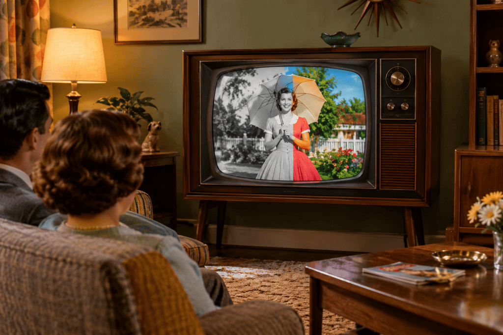 Vintage television in a 1950s living room displaying the transition from black-and-white to colour broadcasting.