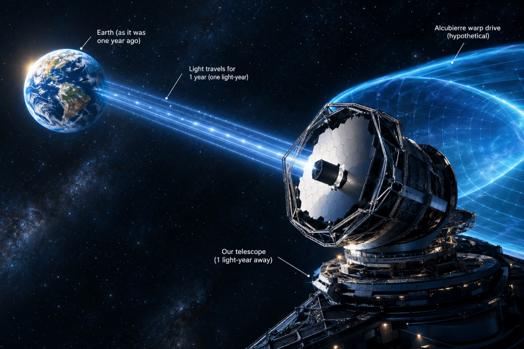 Futuristic telescope one light-year from Earth receiving ancient light that shows the planet’s past.
