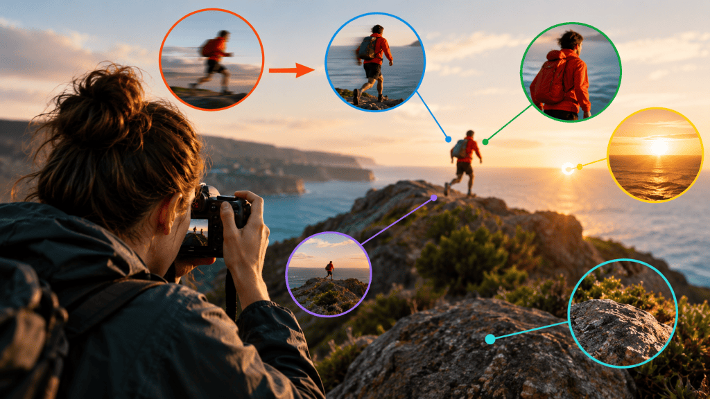 Editorial illustration demonstrating six visual hierarchy principles that guide attention in photography and visual design.