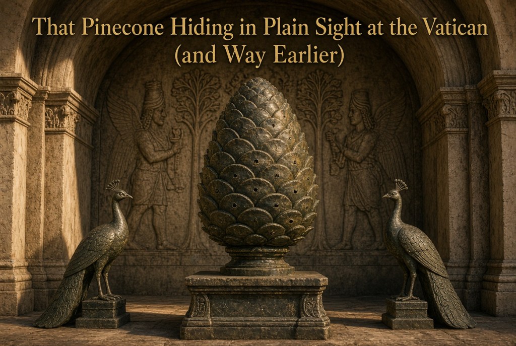Bronze pinecone fountain in the Vatican’s Cortile della Pigna with distant ancient relief references.