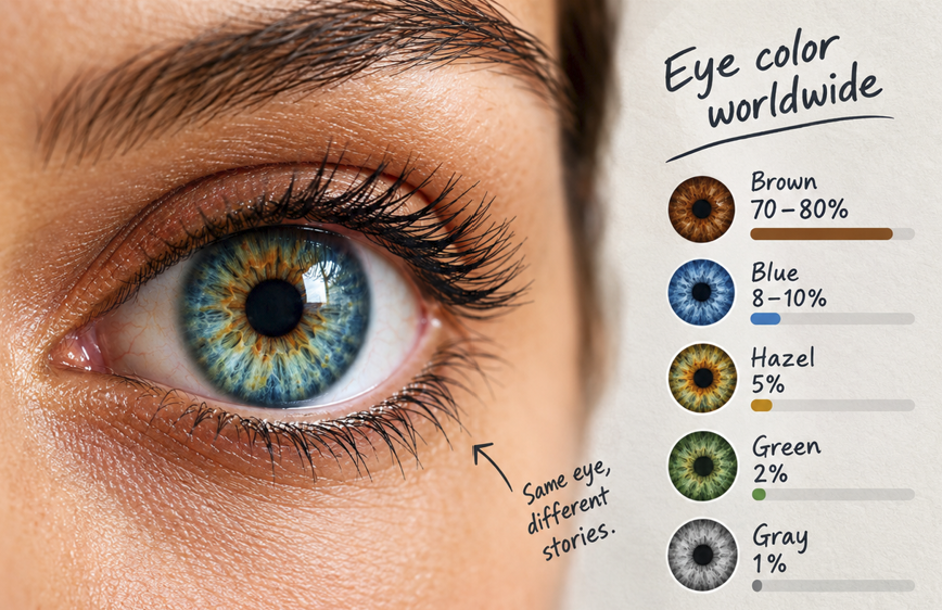 Close-up of a human eye with a blue-green iris beside an infographic showing estimated worldwide eye colour percentages.