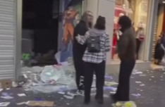 A shopkeeper reportedly attempts to defend a Micromania-Zing store in Nice as looting takes place during protests in France.