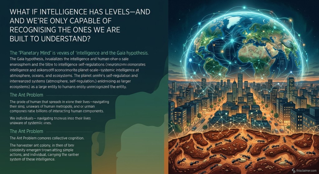 A conceptual infographic illustration on a dark teal background. The top-left features white text asking: "WHAT IF INTELLIGENCE HAS LEVELS—AND WE'RE ONLY CAPABLE OF RECOGNISING THE ONES WE ARE BUILT TO UNDERSTAND?" Several descriptive text blocks follow. The right side shows a dramatic visualization: a busy ant colony under the soil, linked by golden connections to a large, glowing human city above it, which is in turn linked to a glowing blue network surrounding a view of Earth.