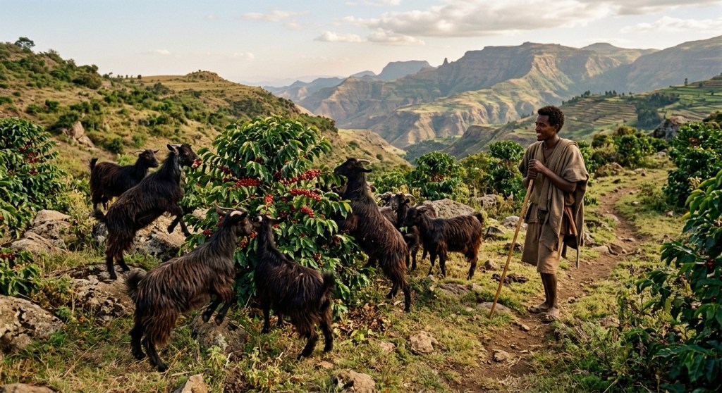 Close-up of ripe red coffee cherries growing on a coffee tree branch in Ethiopia