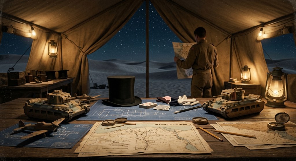 Vintage illustration showing WWII military maps, magic props, and desert camouflage blueprints.