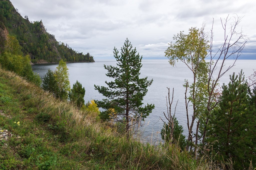 Panoramic view of Lake Baikal in Siberia, Russia, surrounded by mountains and forest.