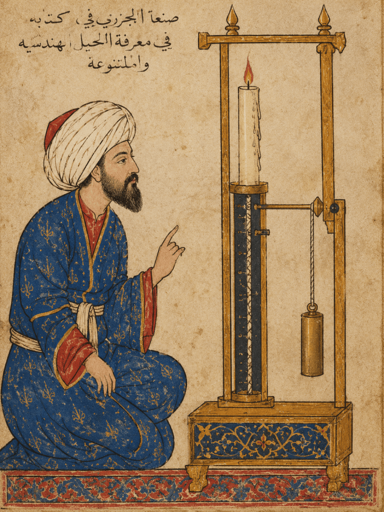 Historical-style illustration of a scholar demonstrating a candle clock with a suspended weight, inspired by medieval timekeeping technology.