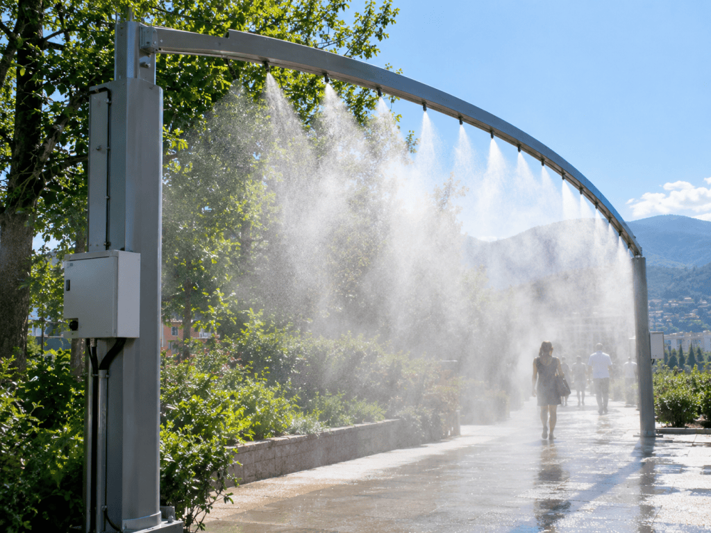 Outdoor mist-cooling system spraying fine water droplets over a pedestrian walkway on a hot summer day