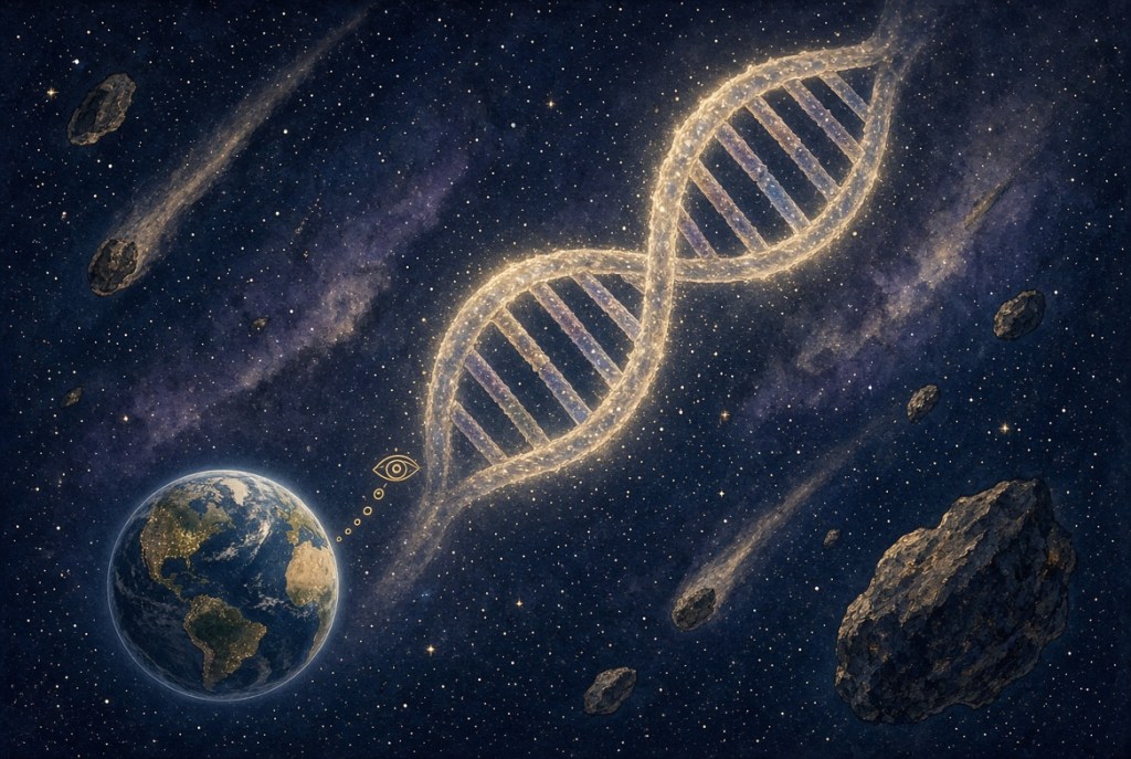 DNA helix drifting in space above a small Earth.